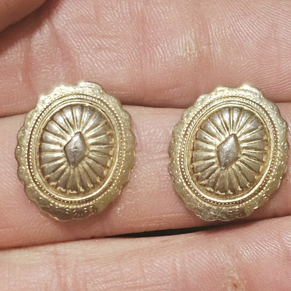 Gold Tone Baroque Style Button Stud Pierced Earrings
